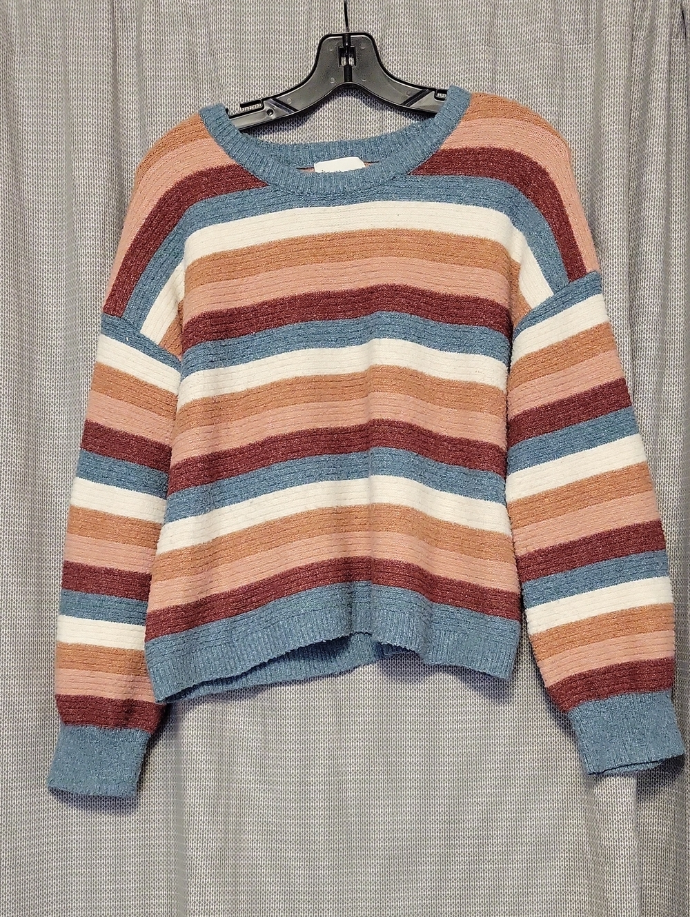 Pink Rose Striped Crewneck Sweater in Blue, Cream, Rust & Tan